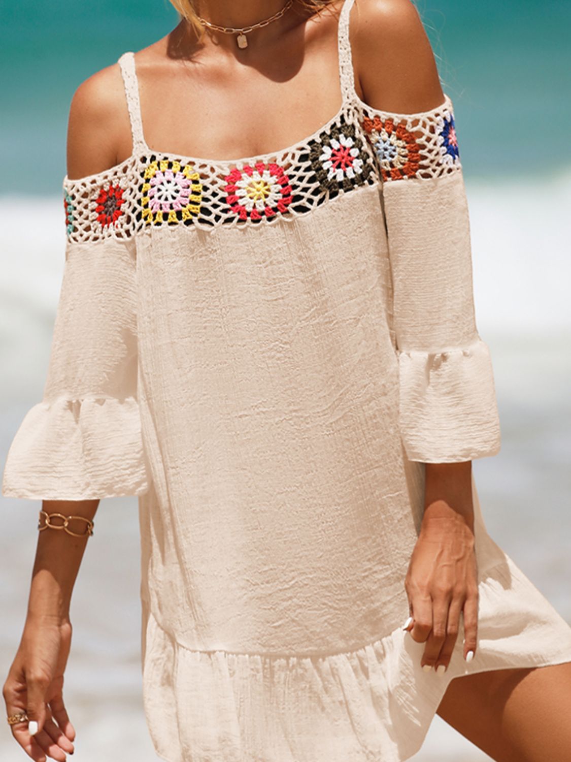 Crochet Cold Shoulder Three-Quarter Sleeve Cover Up Crochet Cold Shoulder Three-Quarter Sleeve Cover Up
